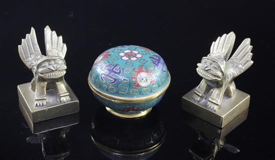 A Chinese cloisonne enamel incense box and cover & a pair of seals